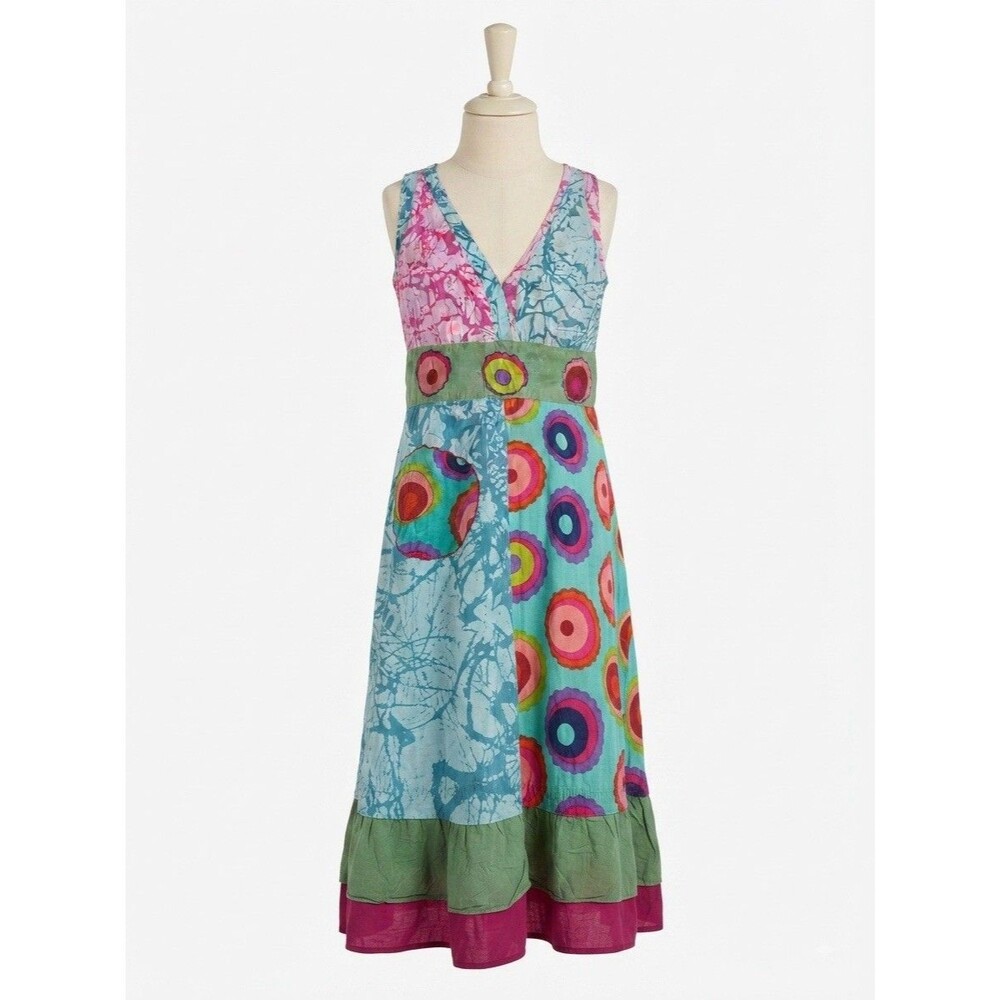 Luv 2Luv Boho Hippie Patchwork V-Neck Sundress L Colorful Midi Funky Quickly Y2K